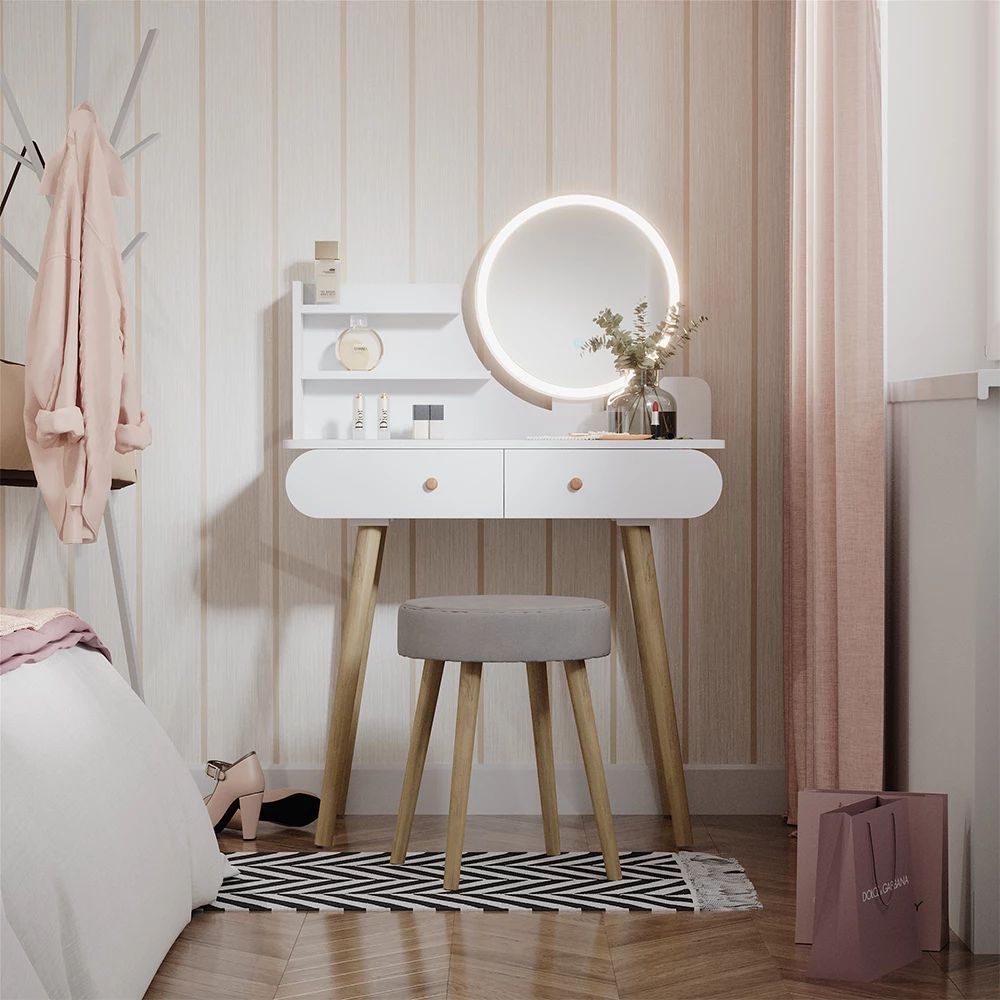 Naujas Makiažo Staliukas „Edda" – Baltas | 80 cm | su LED Apšvietimu ir Taburetu