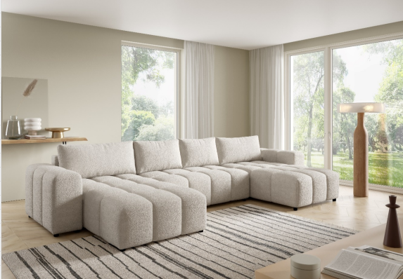 Nauja U Formos Sofa su Miego Funkcija „Flavio U" – Kreminė/Smėlio | 460 x 180 cm