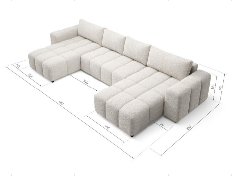 Nauja U Formos Sofa su Miego Funkcija „Flavio U" – Kreminė/Smėlio | 460 x 180 cm
