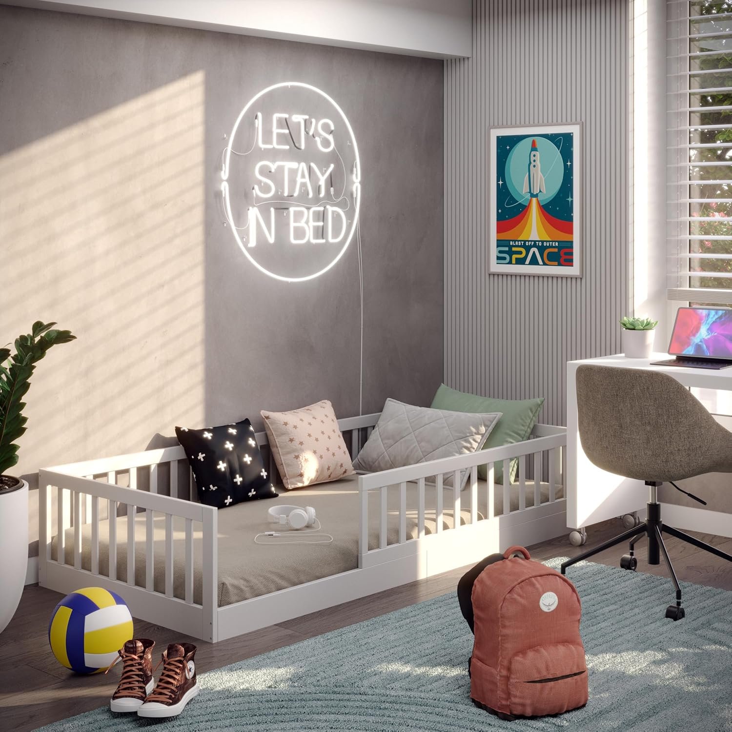 Nauja Montessori Grindų Lova „Timi" – Balta | 90 x 200 cm | su Apsauga ir Lamėlių Rėmu