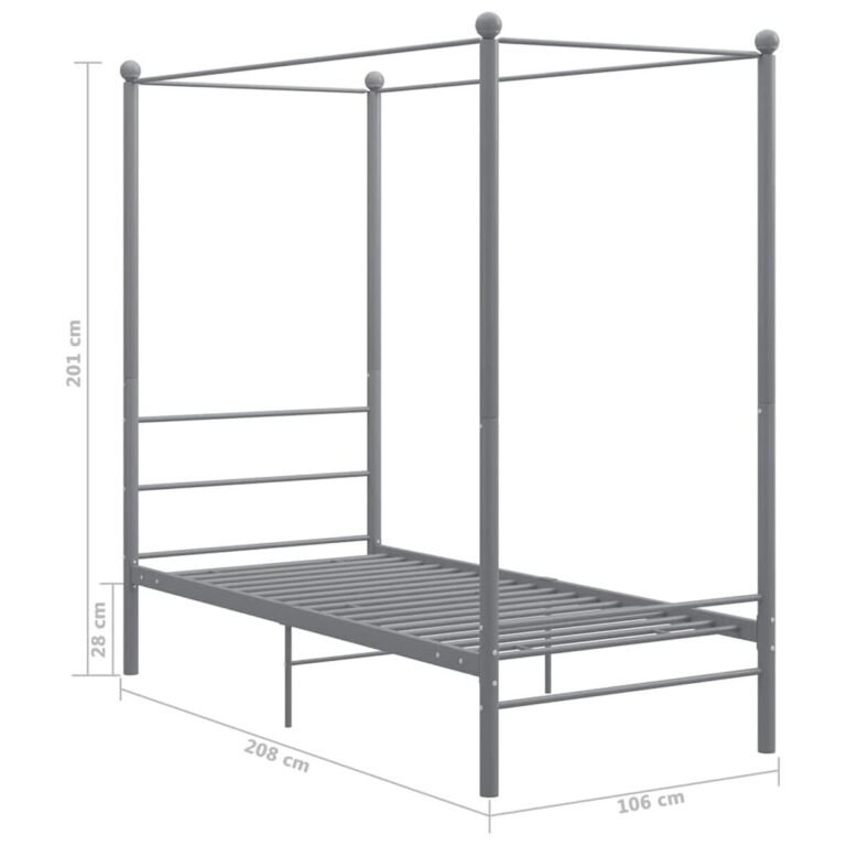 vidaXL Lovos rėmas su baldakimu, pilkos spalvos, 90x200cm, metalas – produkto nuotrauka 6