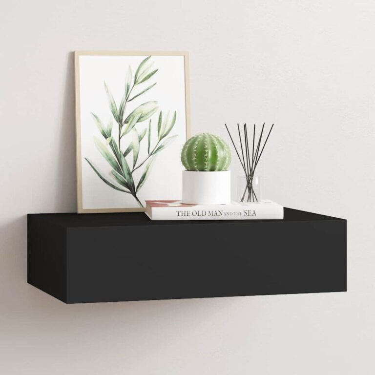 vidaXL Sieninė lentyna su stalčiumi, juoda, 40x23,5x10cm, MDF – produkto nuotrauka 2
