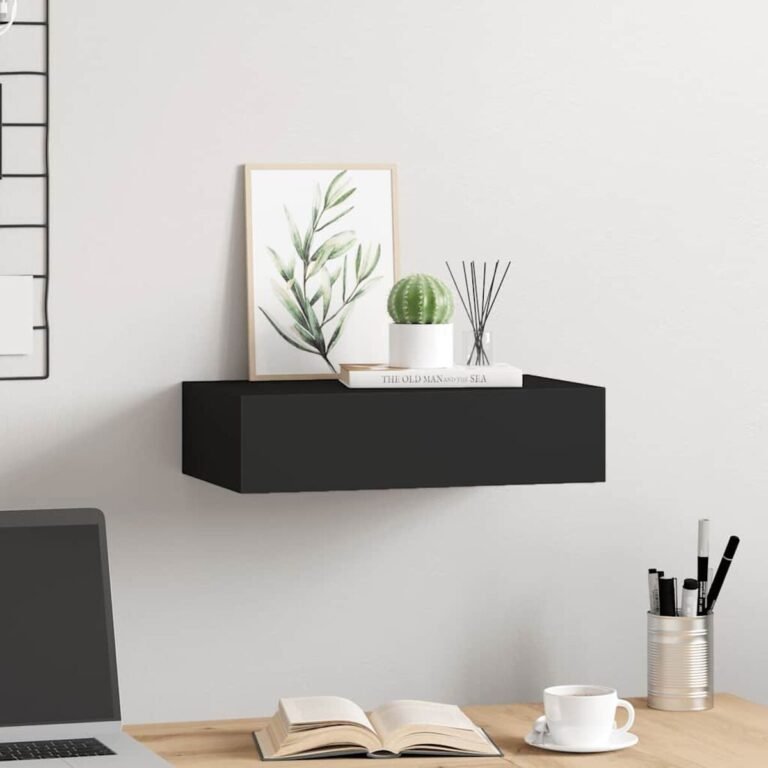 vidaXL Sieninė lentyna su stalčiumi, juoda, 40x23,5x10cm, MDF – produkto nuotrauka 3