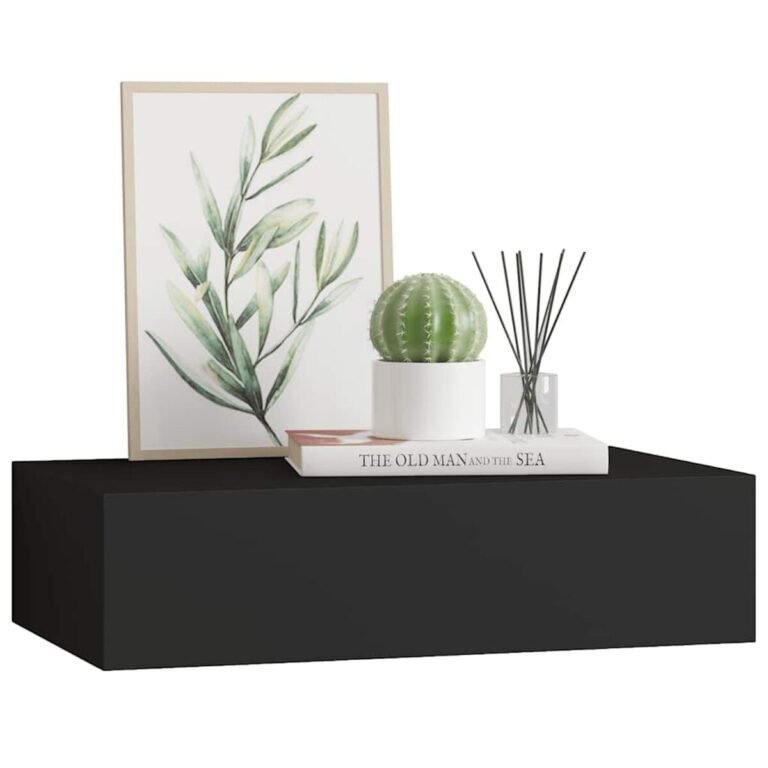 vidaXL Sieninė lentyna su stalčiumi, juoda, 40x23,5x10cm, MDF – produkto nuotrauka 4