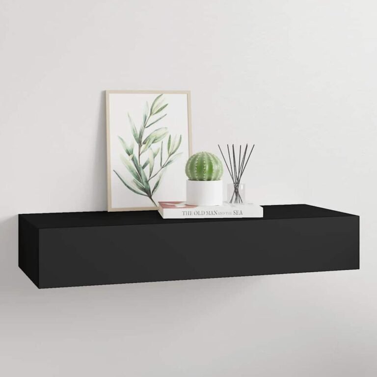 vidaXL Sieninė lentyna su stalčiumi, juoda, 60x23,5x10cm, MDF – produkto nuotrauka 2