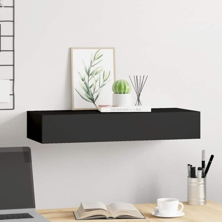 vidaXL Sieninė lentyna su stalčiumi, juoda, 60x23,5x10cm, MDF – produkto nuotrauka 3