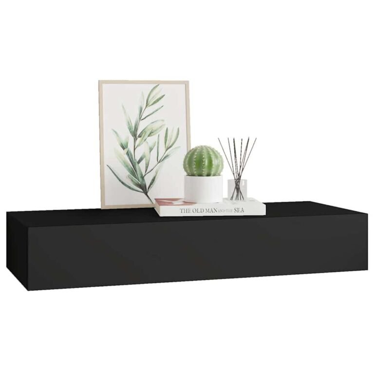 vidaXL Sieninė lentyna su stalčiumi, juoda, 60x23,5x10cm, MDF – produkto nuotrauka 4