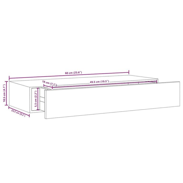 vidaXL Sieninė lentyna su stalčiumi, juoda, 60x23,5x10cm, MDF – produkto nuotrauka 11