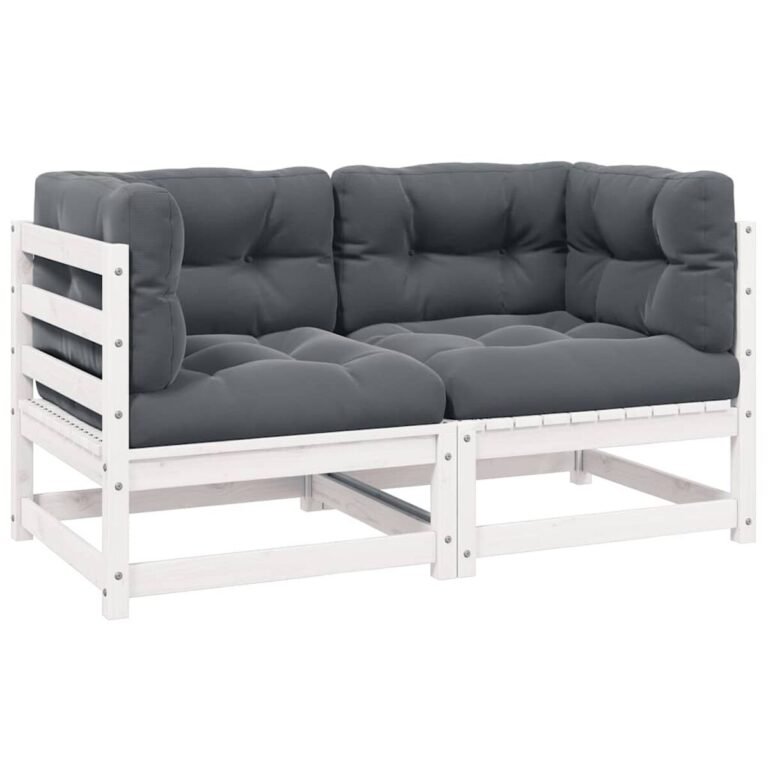 vidaXL Dvivietė sodo sofa su pagalvėlėmis, balta, pušies masyvas