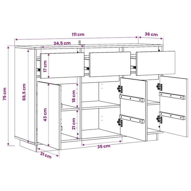 vidaXL Šoninė spintelė, 111x36x75cm, pušies medienos masyvas – produkto nuotrauka 9