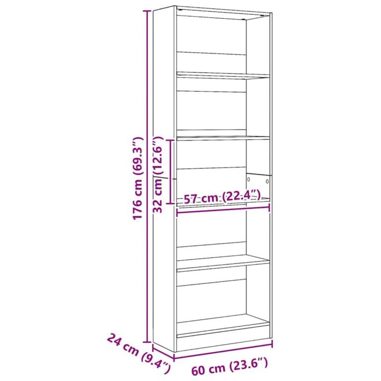 vidaXL Knygų lentyna, meniško ąžuolo spalvos, 60x24x176 cm, inžinerinė mediena – produkto nuotrauka 9