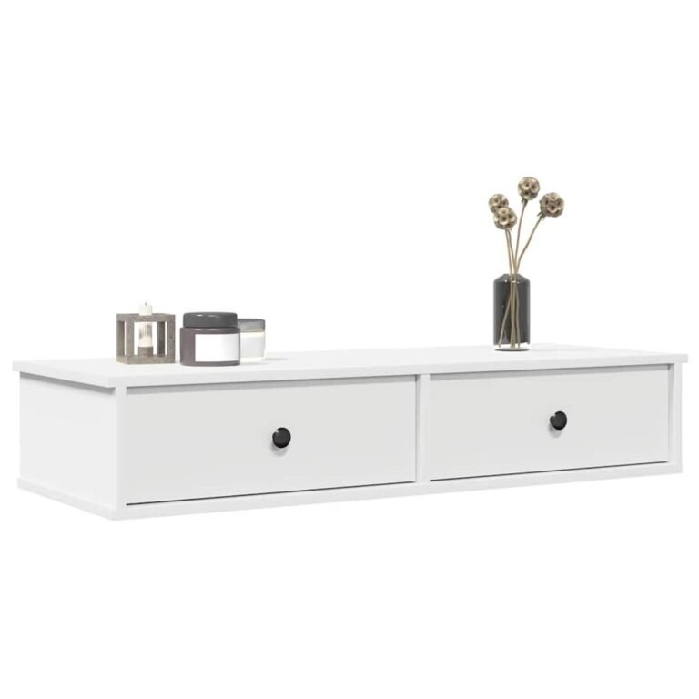 vidaXL Sieninė lentyna su stalčiais, baltos, 100x37,5x19cm – produkto nuotrauka 2