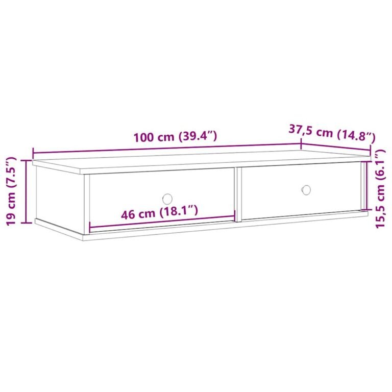 vidaXL Sieninė lentyna su stalčiais, baltos, 100x37,5x19cm – produkto nuotrauka 10