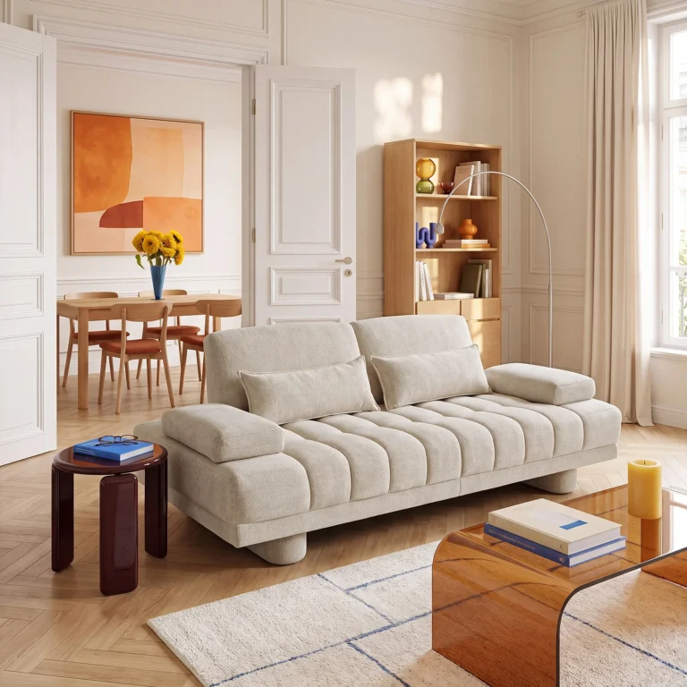 POLANE 3 vietų sofa su reguliuojamu atlošu šviesiai pilkai smėlinė
